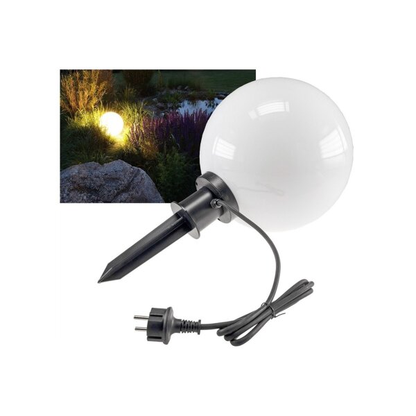 Gartenkugelleuchte 30?cm Ø weiß – E27, IP44, mit Erdspieß & Kabel