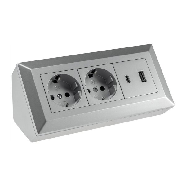 2-fach Steckdosenblock, USB-A+C, silber 250V~/ 16A, Aufbaumontage, USB 3,1A, PD