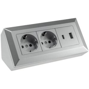 2-fach Steckdosenblock, USB-A+C, silber 250V~/ 16A, Aufbaumontage, USB 3,1A, PD