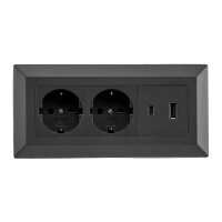 2-fach Steckdosenblock, USB-A+C, schwarz 250V~/ 16A, Aufbaumontage, USB 3,1A, PD