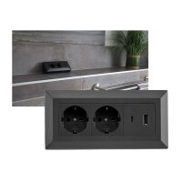 2-fach Steckdosenblock, USB-A+C, schwarz 250V~/ 16A, Aufbaumontage, USB 3,1A, PD