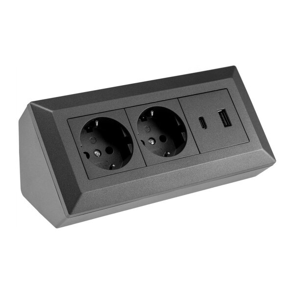 2-fach Steckdosenblock, USB-A+C, anthrazit 250V~/ 16A, Aufbaumontage, USB 3,1A, PD