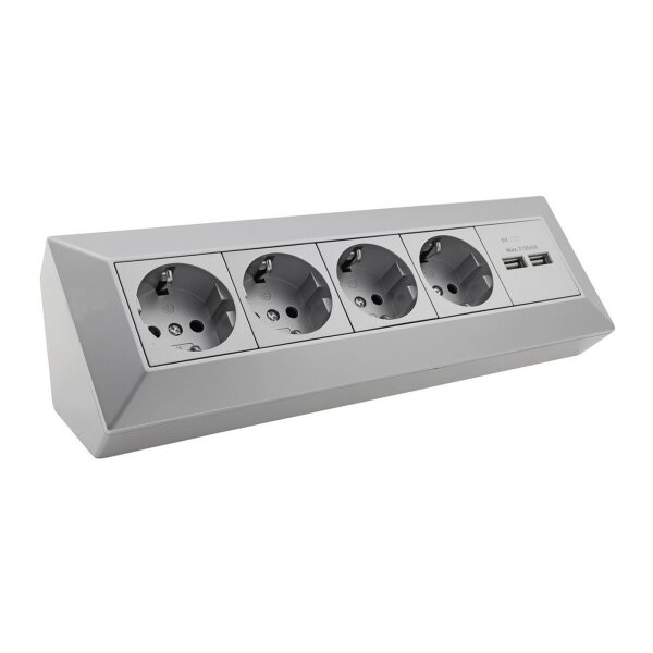 ChiliTec Ecksteckdose Küchensteckdose mit USB Doppelsteckdose 4x Steckdosen 2x USB I 90° Winkel I 230V Aufbau & Eck-Montage für Arbeitsplatte Küche I Silber Grau