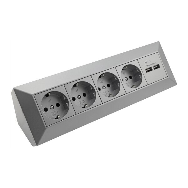 ChiliTec Ecksteckdose Küchensteckdose mit USB Doppelsteckdose 4x Steckdosen 2x USB I 90° Winkel I 230V Aufbau & Eck-Montage für Arbeitsplatte Küche I Silber Grau