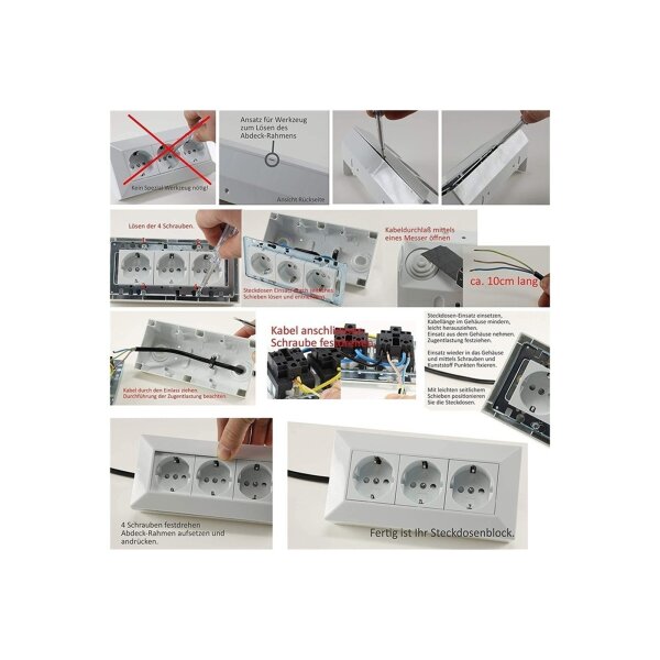 ChiliTec Steckdosenblock 3-fach 230V 45° Winkel Eck Aufputz-Steckdose für Küche Arbeitsplatte Werkstatt Schwarz