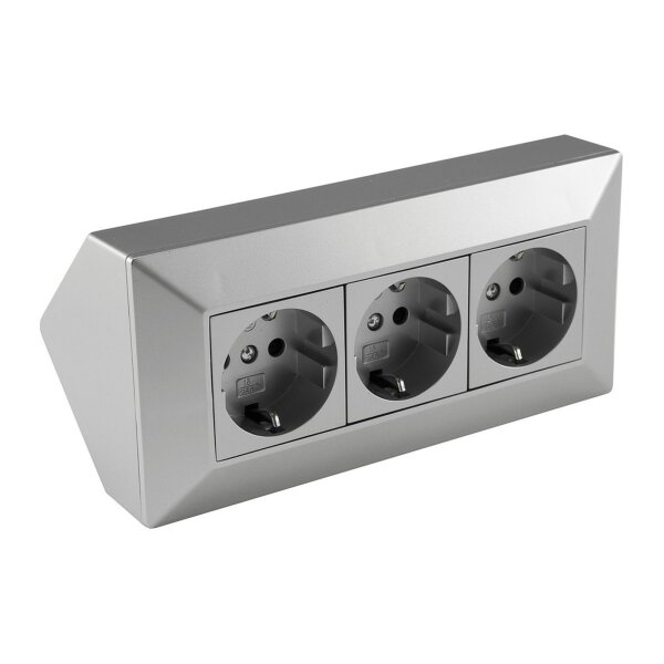 ChiliTec Steckdosenblock 3-fach Eck-Steckdose 230V / 16A Aufbau Unterbau Steckdosenleiste Küche Werkstatt Silber Grau