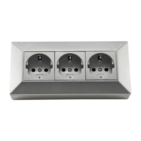 ChiliTec Steckdosenblock 3-fach Eck-Steckdose 230V / 16A Aufbau Unterbau Steckdosenleiste Küche Werkstatt Silber Grau