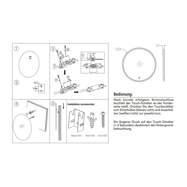 LED Spiegel "Espelho R50" Ø50cm 230V, 19W, 1400lm, 4000K, Touchschalter