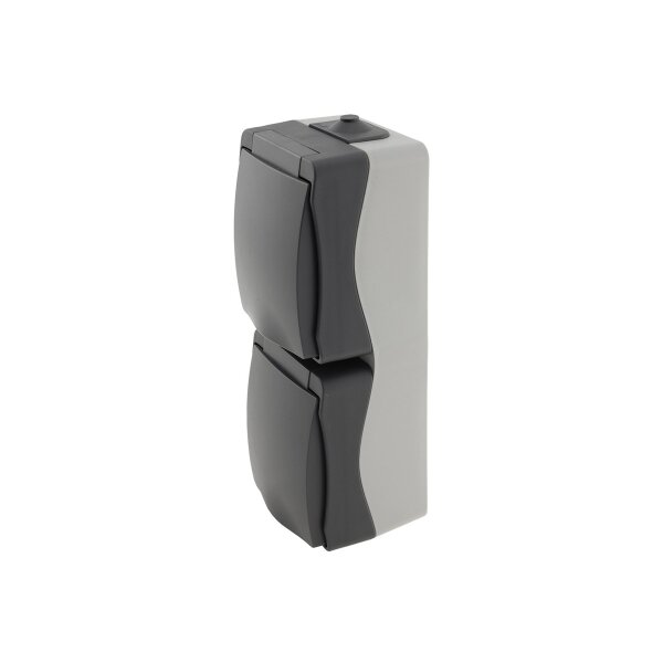 ChiliTec Aufputz Steckdose 2-fach IP54 Feuchtraum Doppel-Steckdose Vertikal 250V~/ 16A 3600W gummierte Kabeleinführung Grau