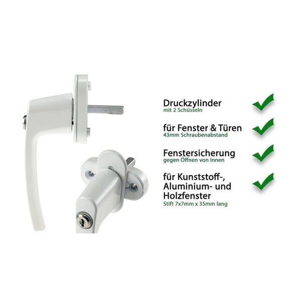 Abschließbarer Fenstergriff, weiß 2 Schrauben, 2 Schlüssel