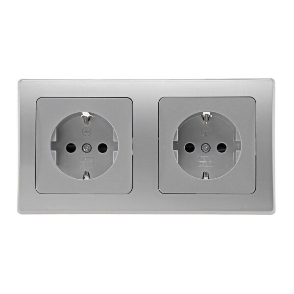 DELPHI 2-fach Steckdose Unterputz 230V UP mit erhöhtem Berührungsschutz, Silber Grau