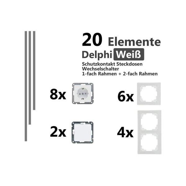 Delphi Steckdosen Schalter Set 20 Teile I Steckdosen Schalter Rahmen Unterputz Einbau I Weiß