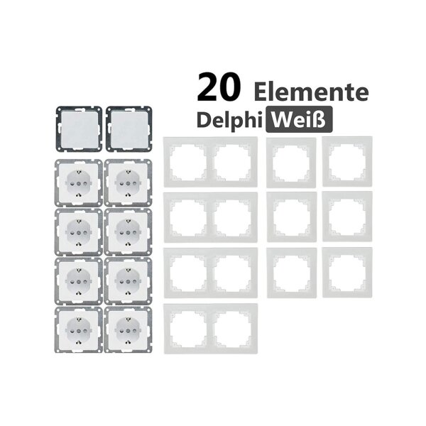 Delphi Steckdosen Schalter Set 20 Teile I Steckdosen Schalter Rahmen Unterputz Einbau I Weiß