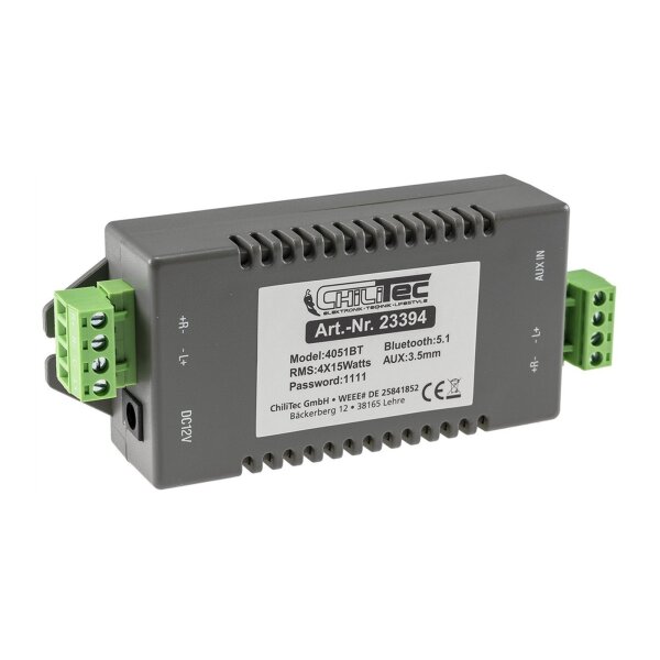 Bluetooth Receiver m. 4-Kanal Verstärker 4/8Ohm, 4x15W, 12V/4A, 3,5mm AUX-In