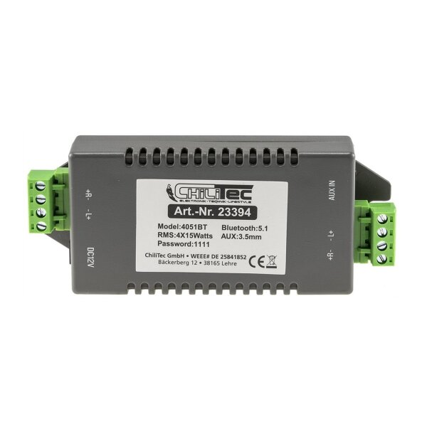 Bluetooth Receiver m. 4-Kanal Verstärker 4/8Ohm, 4x15W, 12V/4A, 3,5mm AUX-In