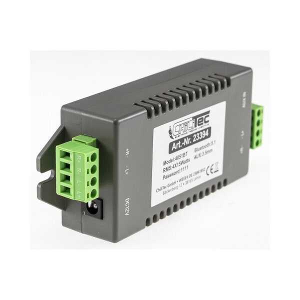 Bluetooth Receiver m. 4-Kanal Verstärker 4/8Ohm, 4x15W, 12V/4A, 3,5mm AUX-In