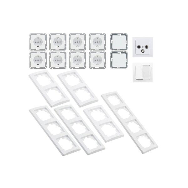 Delphi Steckdosen Schalter Set Wohnzimmer Lichtschalter mit Steckdose TV Antenne Unterputz Einbau I Weiß