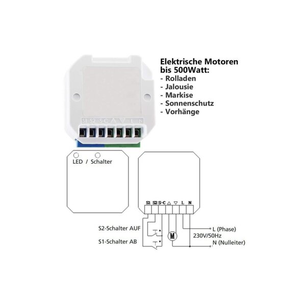 Funk Schalter Set Rolladen Jalousie Steuerung I Funk-Wandschalter mit Funk Einbau Empfänger I Für elektronische Motoren bis 500 Watt I Anschluss an 230V