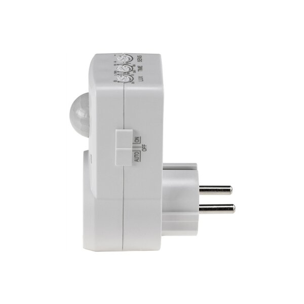 ChiliTec Steckdose mit Bewegungsmelder 120° 9m Reichweite 1200W 230V Zwischenstecker Schaltzeit regelbar 10sek.-15min I Empfindlichkeit einstellbar Weiß
