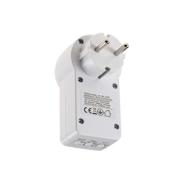 ChiliTec Steckdose mit Bewegungsmelder 120° 9m Reichweite 1200W 230V Zwischenstecker Schaltzeit regelbar 10sek.-15min I Empfindlichkeit einstellbar Weiß