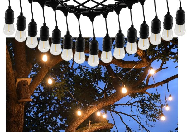 ChiliTec LED Aussen Lichterkette 14m lang 15 LED Lampen IP44 Biergarten Terrasse Balkon Party Hochzeit Kabel Schwarz I Licht Warmweiß