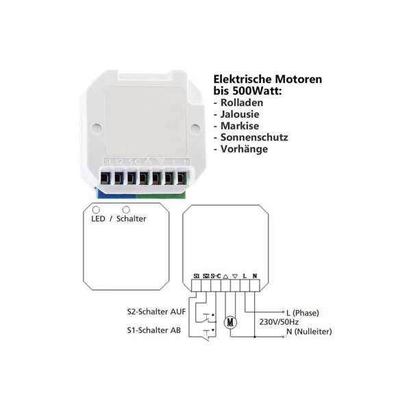 Funk Schalter Set Rolladen Jalousie Steuerung I Funk-Wandschalter mit Funk Einbau Empfänger I Für elektronische Motoren bis 500 Watt I Anschluss an 230V