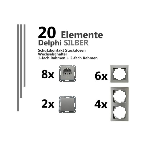 Delphi Steckdose mit Schalter Grau Silber Komplettset 20 Teile