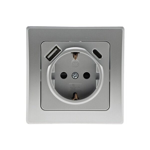 DELPHI Schutzkontakt-Steckdose, silber 250V~/ 16A, Unterputz, USB-C / PD