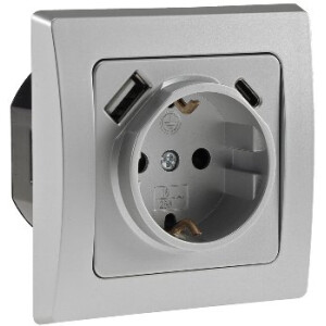 DELPHI Schutzkontakt-Steckdose, silber 250V~/ 16A, Unterputz, USB-C / PD