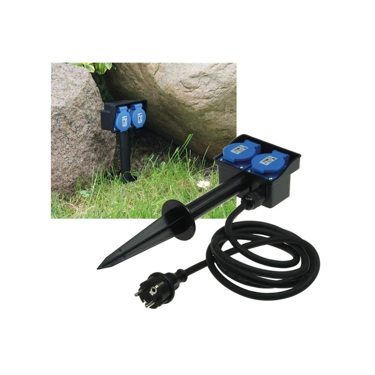 Gartensteckdose mit Erdspieß, 2-fach IP44, 10m Kabel