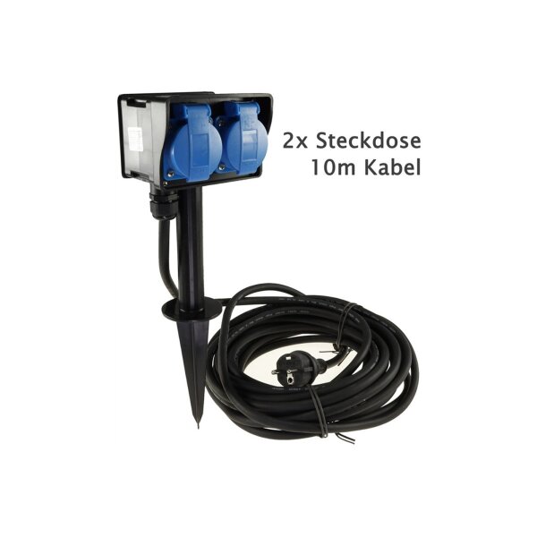 Gartensteckdose mit Erdspieß, 2-fach IP44, 10m Kabel