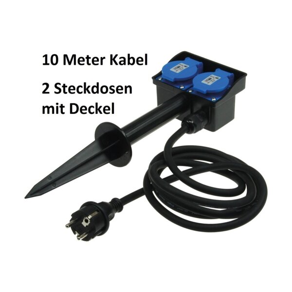 Gartensteckdose mit Erdspieß, 2-fach IP44, 10m Kabel