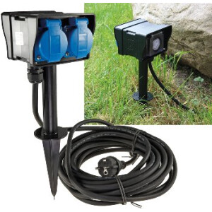 Gartensteckdose mit Erdspieß, 2-fach IP44, 10m Kabel, Zeitschaltuhr