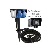 Gartensteckdose mit Erdspieß, 2-fach IP44, 10m Kabel, Zeitschaltuhr