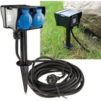 Gartensteckdose mit Erdspieß, 2-fach IP44, 10m Kabel, Zeitschaltuhr