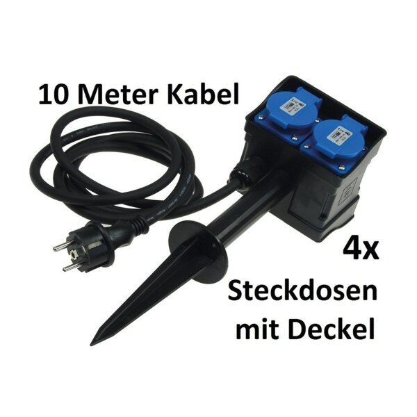 Gartensteckdose mit Erdspieß, 4-fach IP44, 10m Kabel