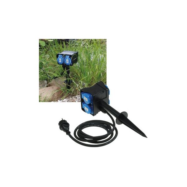 Gartensteckdose mit Erdspieß, 4-fach IP44, 10m Kabel