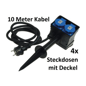 Gartensteckdose mit Erdspieß, 4-fach IP44, 10m Kabel