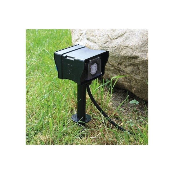 Gartensteckdose mit Erdspieß, 2-fach IP44, 2m Kabel, Zeitschaltuhr