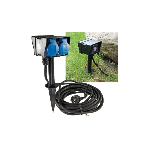 Gartensteckdose mit Erdspieß, 2-fach IP44, 2m Kabel, Zeitschaltuhr