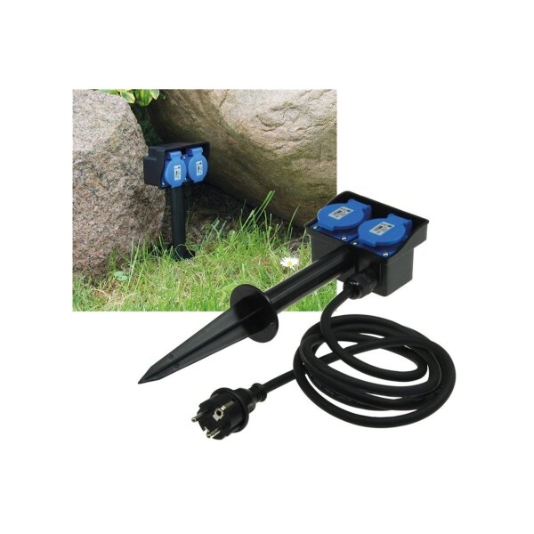 Gartensteckdose mit Erdspieß, 2-fach IP44, 2m Kabel