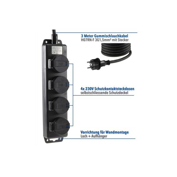 Gartensteckdosenleiste für Außen, 4-fach IP44, 3m Zuleitung