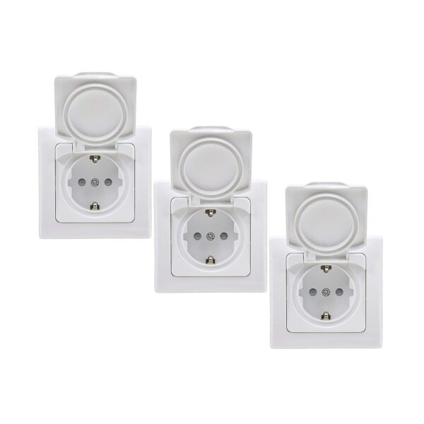 DELPHI Schutzkontakt-Steckdosen 3er-Set – mit Klappdeckel, hochglänzend, 230?V, Innenbereich