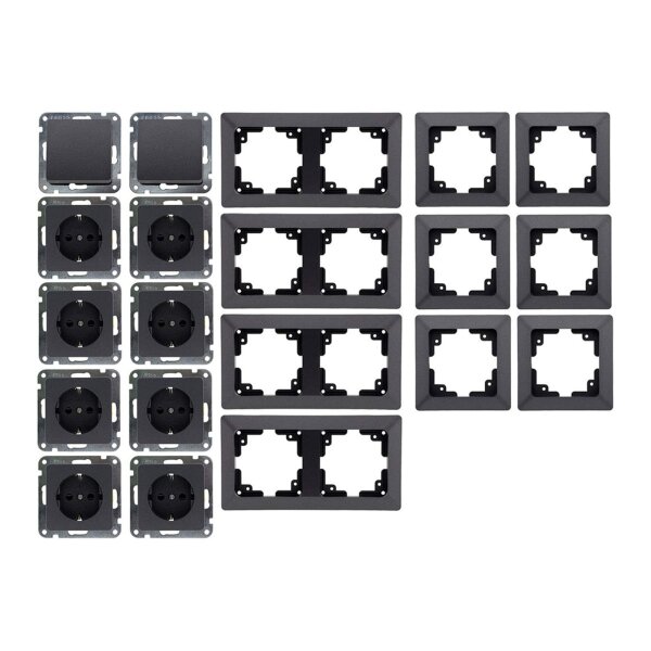 MILOS Steckdosen Schalter Komplettset 20 Teile I 230V Steckdose Schalter Wand Abdeckung I Unterputz Einbau I Anthrazit