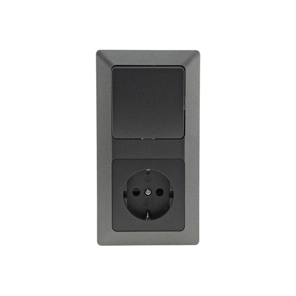 MILOS Steckdose mit Schalter Wechselschalter Grau Anthrazit Doppelrahmen 230V 16A Schutzkontakt-Steckdose Rahmen Unterputz Klemm Anschluss