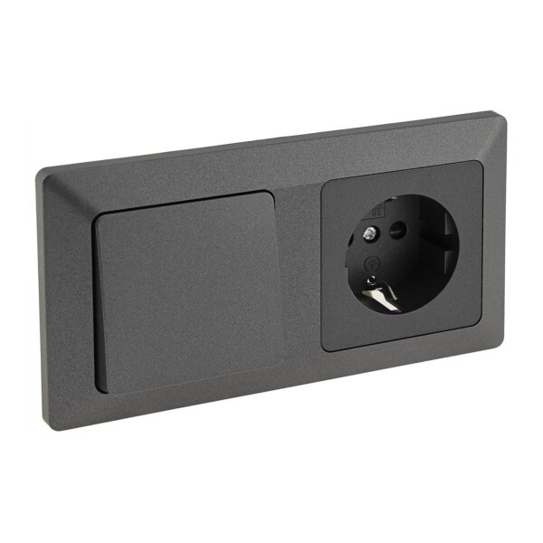 MILOS Steckdose mit Schalter Wechselschalter Grau Anthrazit Doppelrahmen 230V 16A Schutzkontakt-Steckdose Rahmen Unterputz Klemm Anschluss