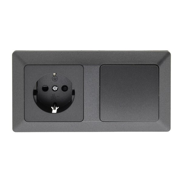 MILOS Steckdose mit Schalter Wechselschalter Grau Anthrazit Doppelrahmen 230V 16A Schutzkontakt-Steckdose Rahmen Unterputz Klemm Anschluss
