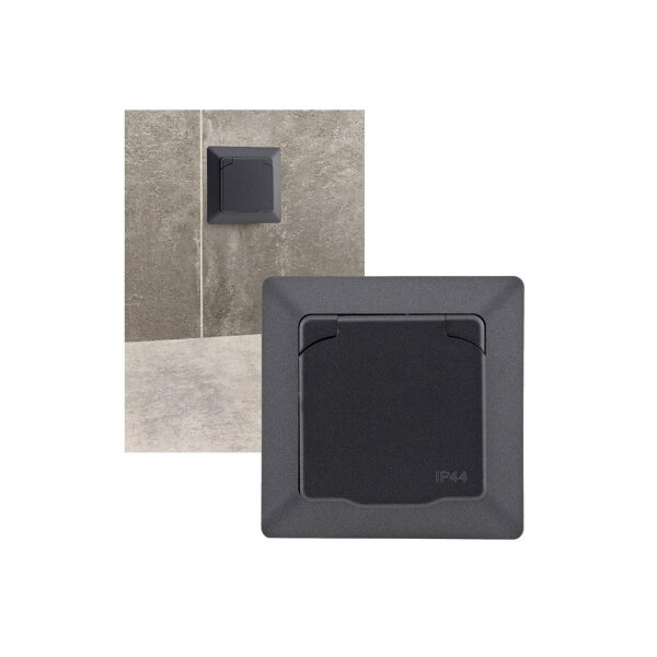 3er Set MILOS IP44 Steckdose Unterputz 3Stück Aussensteckdose mit Klapp-Deckel Schutzkontakt-Steckdose mit Gummidichtung 230V / 16A 1-fach Rahmen Wand Steckdosen Anthrazit