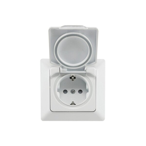 MILOS Feuchtraum Unterputz Steckdose IP44 für Innen und Aussen Schutzkontakt-Steckdose mit Klapp-Deckel mit Silikondichtung 230V / 16A Weiß Matt