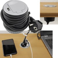 ChiliTec Mini Einbausteckdose Tisch-Steckdose mit 1x Steckdose 1x USB Ø 60mm Loch für Schreibtisch Arbeitsplatte 230V mit 190cm Anschlusskabel